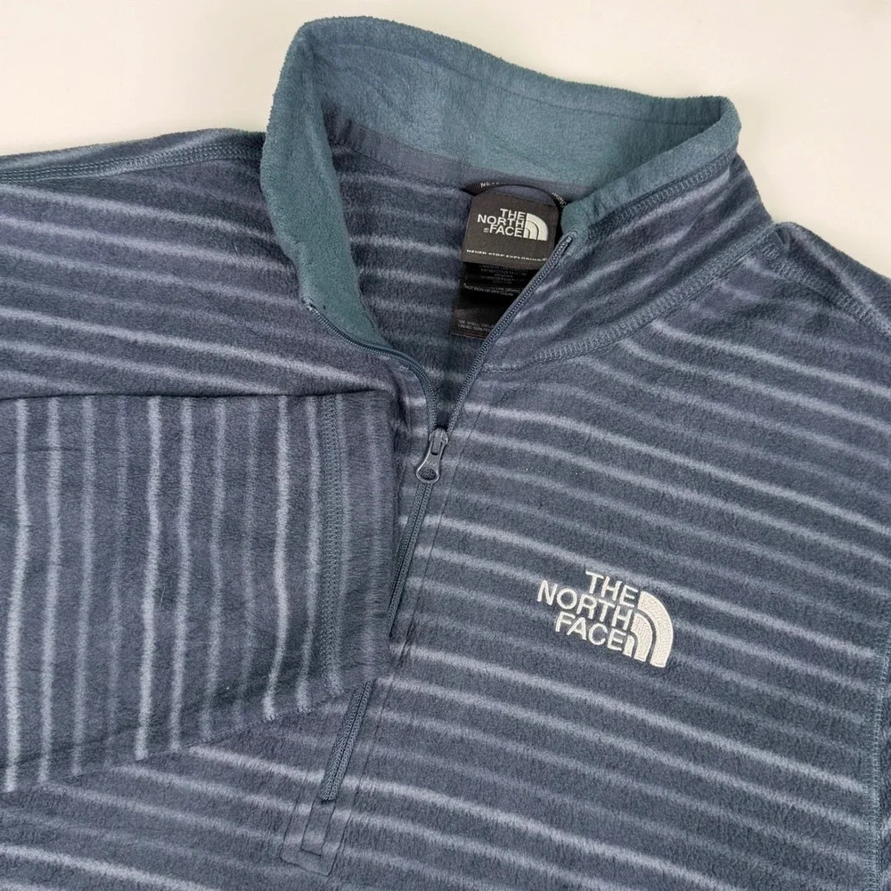 The North Face Mens‎ M Pullover Long Sleeve Shirt Blue Gray Striped Quarter Zip